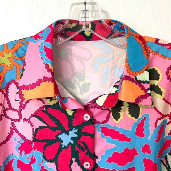 Wms L Vibrant Colorful Floral SS Button Up Tunic Shirt Dopamine Dressing - Picture 4 of 9